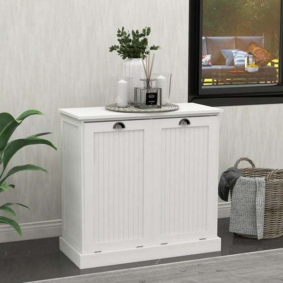 Aukfa Double Tilt Out Laundry Hamper Cabinet,Bathroom Laundry Cabinet with Basket,White