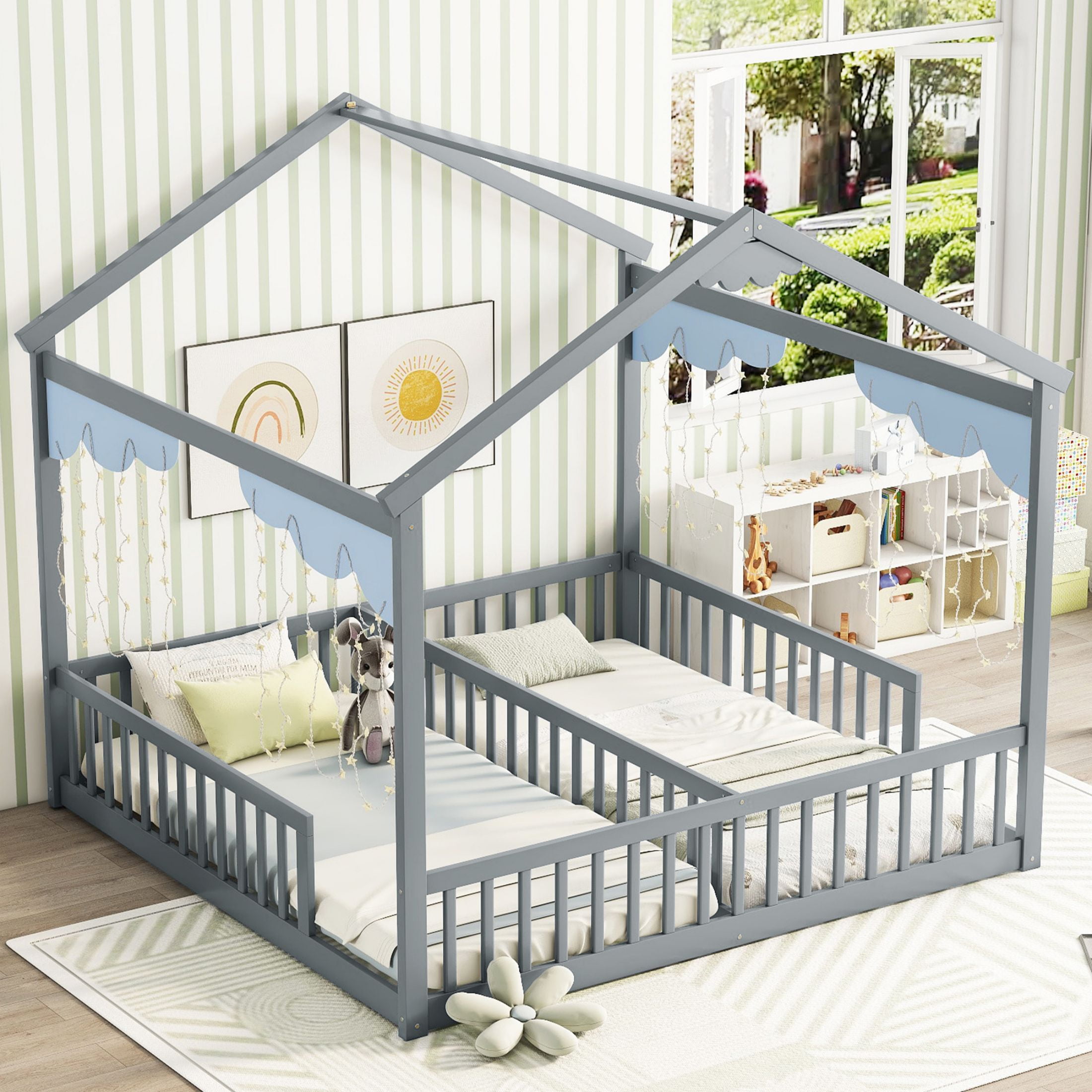 Aukfa Double Twin House Bed for Kids Toddlers, Gray, Pine Wood with Fence,  Cozy and Playful - Walmart.com, image size:2200x2200