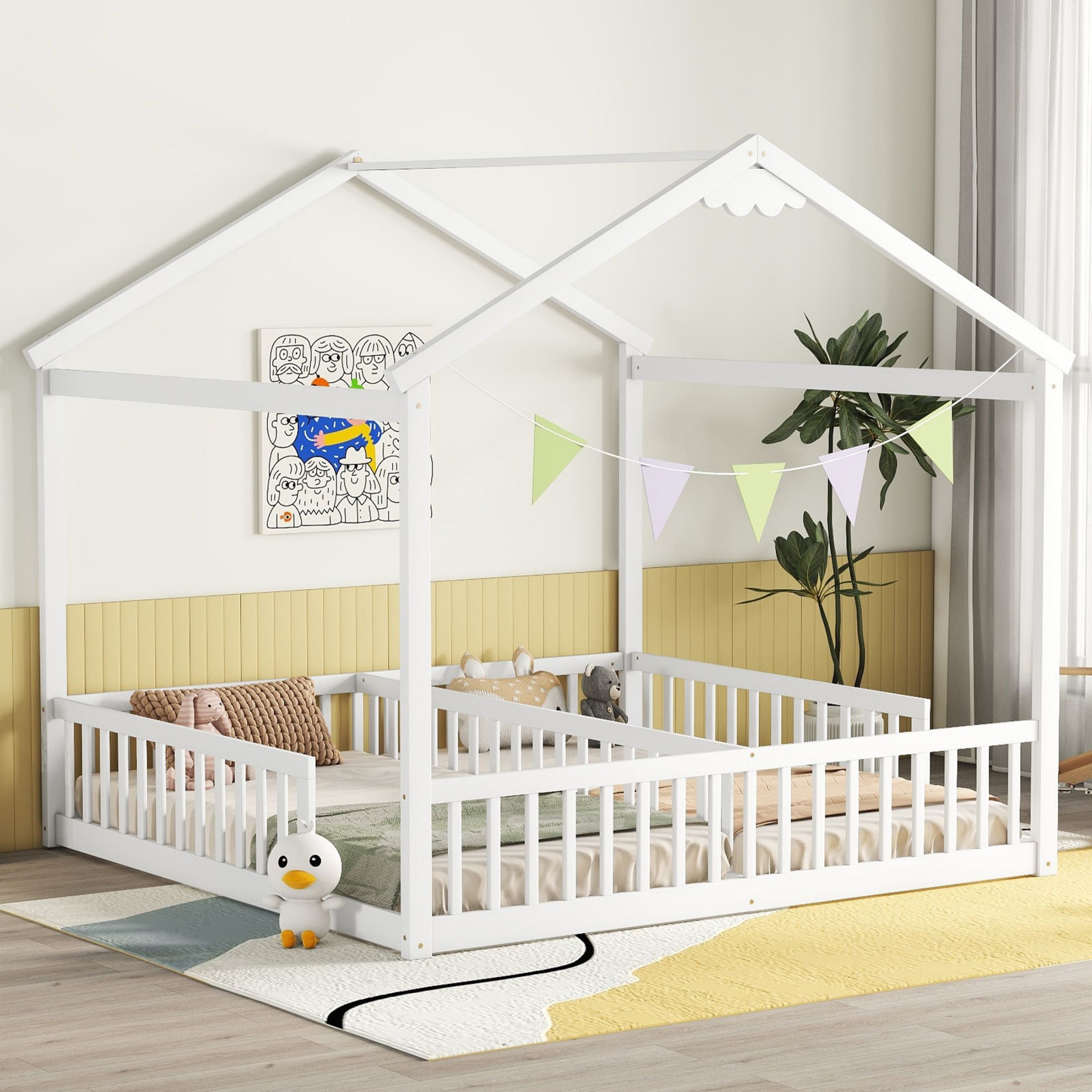 Aukfa Double Twin Bed Frame for 2 Kids Toddlers, Two House Bed with Fence, Two Shared Beds, White