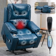 Aukfa Dual OKIN Motor Power Lift Recliner Chair for Elderly, 180  Lay Flat Electric Recliner with Massage & Heat, USB Ports, Faux Leather, Blue