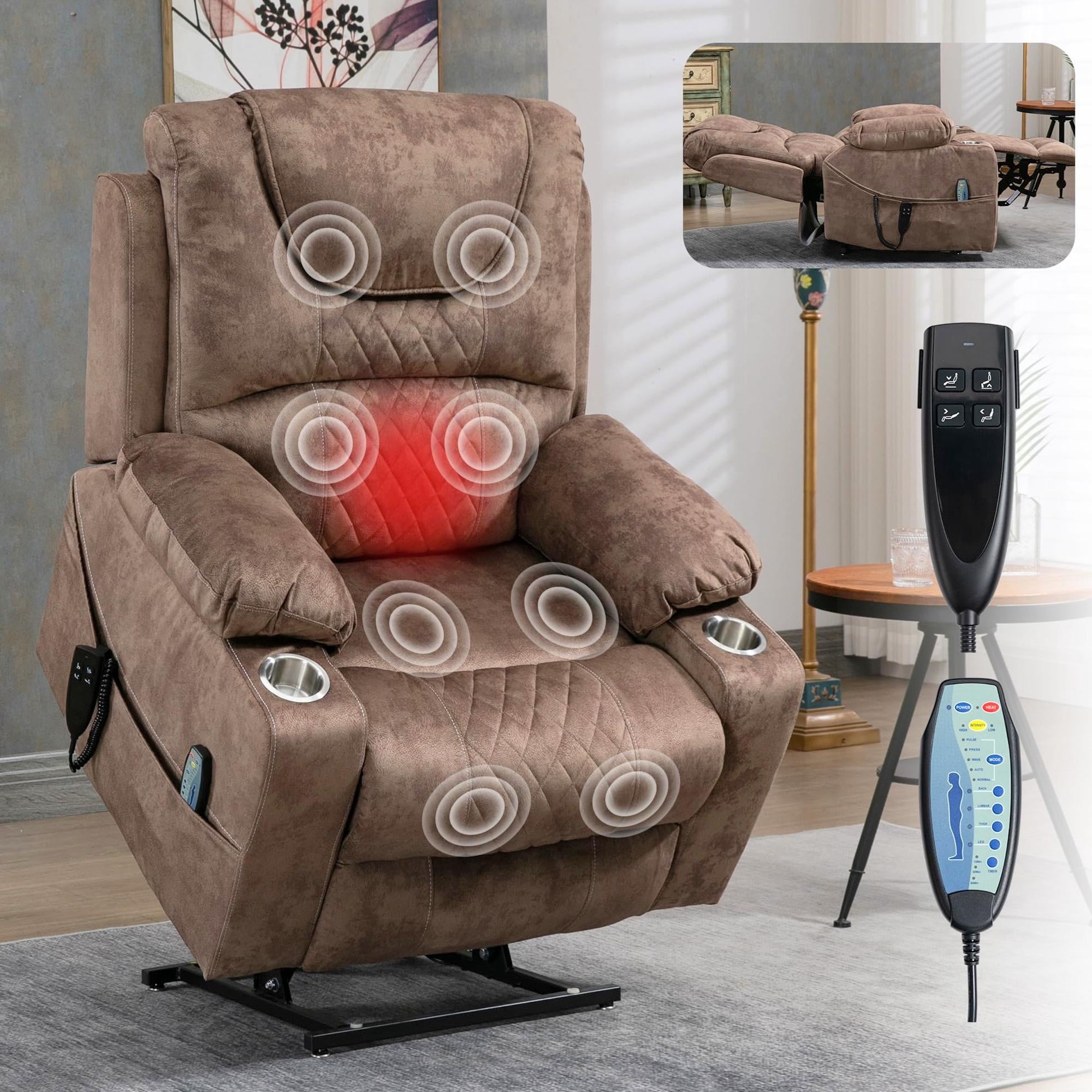 Aukfa Dual OKIN Motor Power Lift Recliner Chair for Elderly, 180° Lay Flat Electric Recliner with Massage & Heat, USB Ports, Velvet, Brown