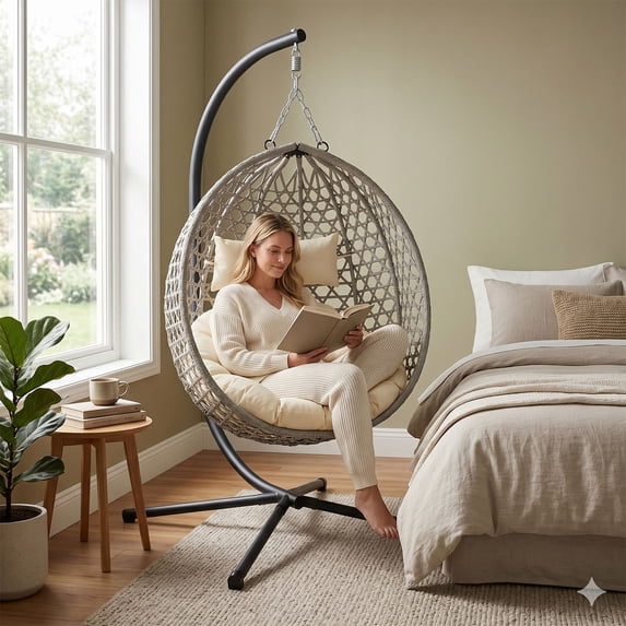 Aukfa Egg Swing Chair with Stand, Indoor Outdoor Hanging Wicker Basket Chair, 350 lbs Capacity, Aluminum Steel Frame with Cushion & Headrest for Patio & Bedroom,Gray