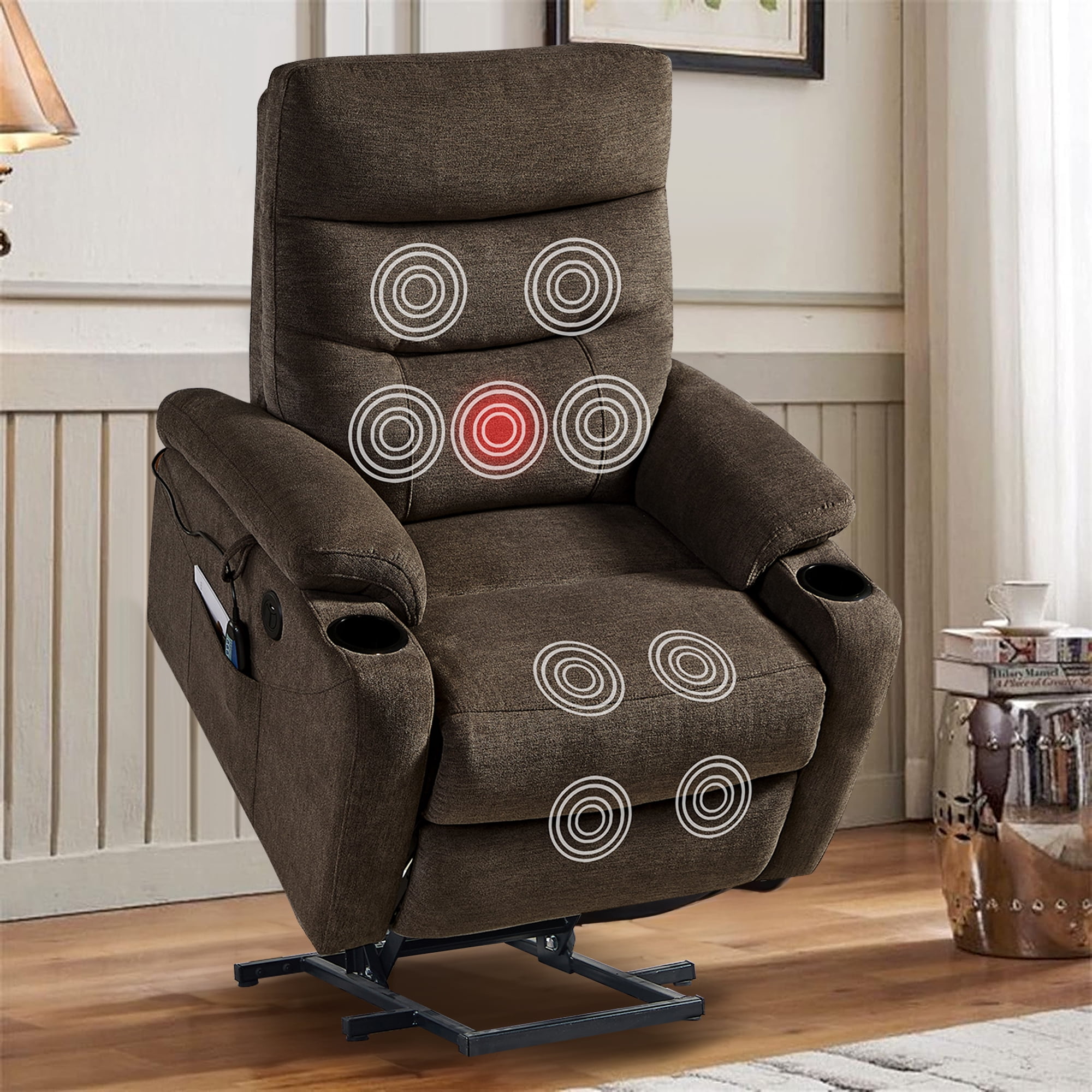 Aukfa Electric Power Lift Recliner Chair with Massage and Heat, USB Ports, 2 Side Pockets, Cup Holders for Elderly, Dark Brown
