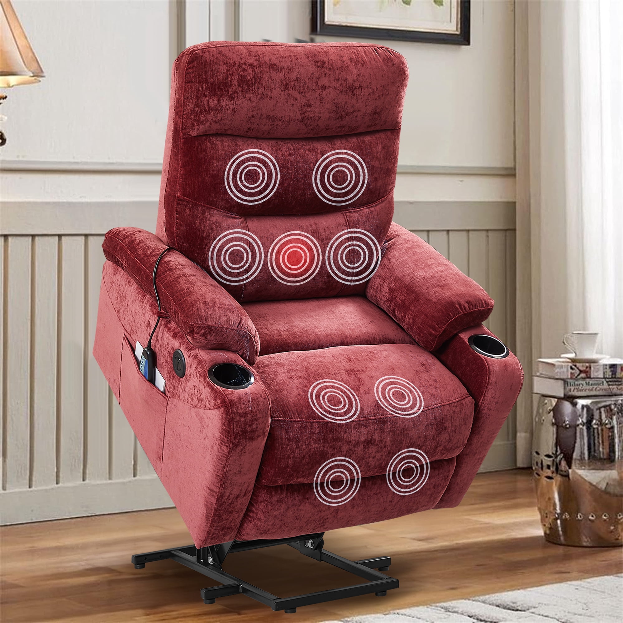 Aukfa Electric Power Lift Recliner Chair with Massage and Heat, USB Ports, 2 Side Pockets, Cup Holders for Elderly, Red