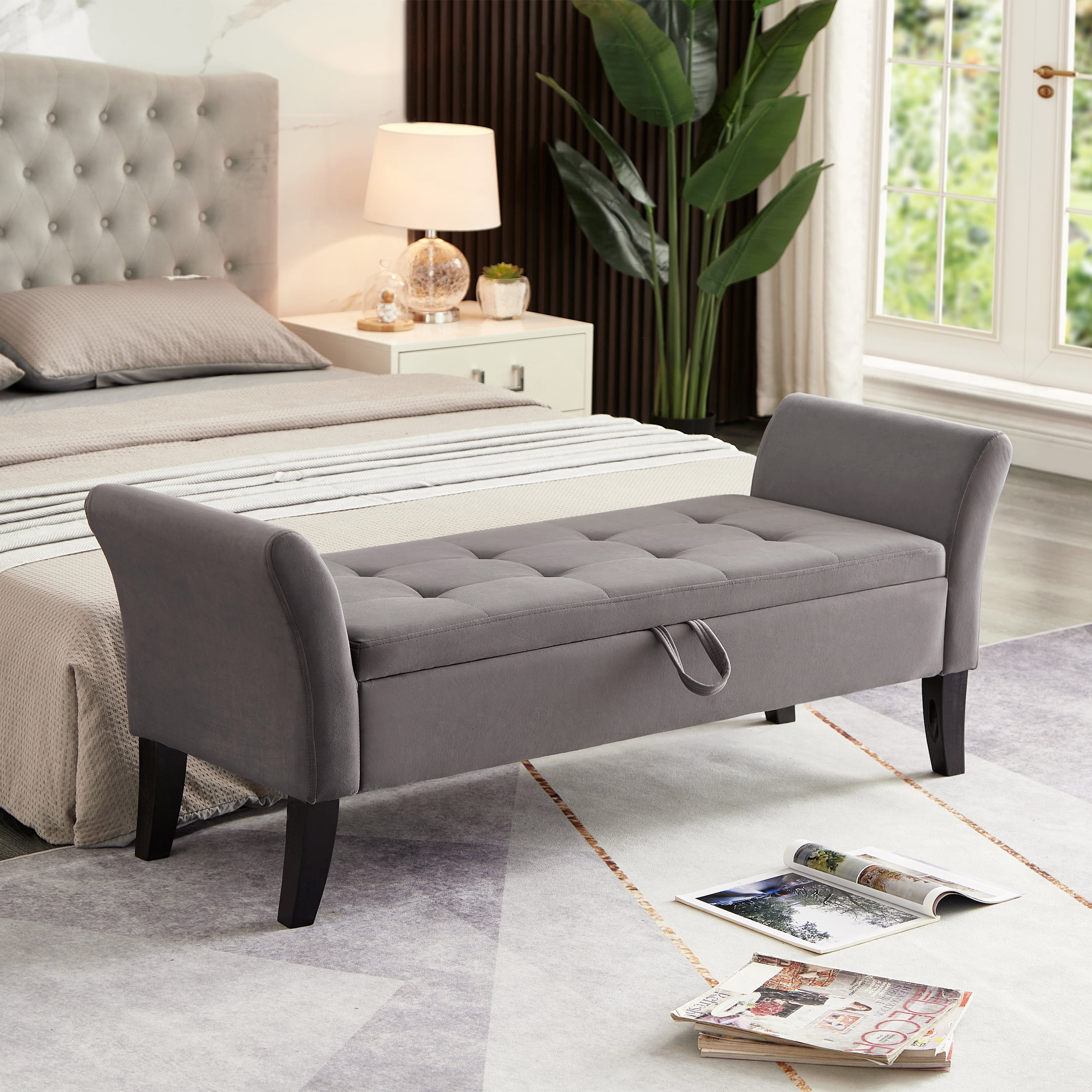 Aukfa End of Bed Bench with Curved Arms, 51.5" Velvet Tufted Upholstered Storage Ottoman Entryway Bench - Gray