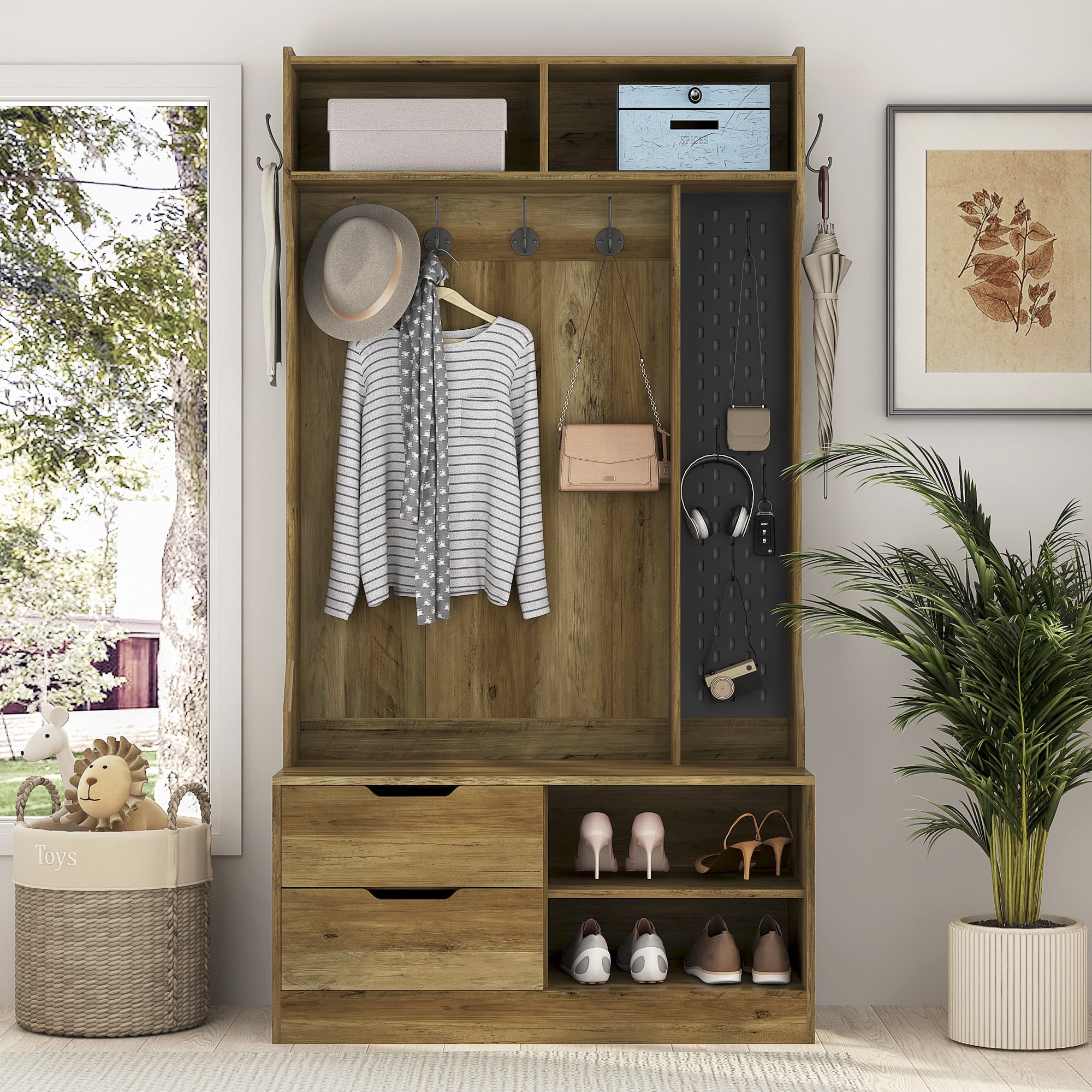 Aukfa Entryway Hall Tree w/ Bench & Shoe Storage, Brown