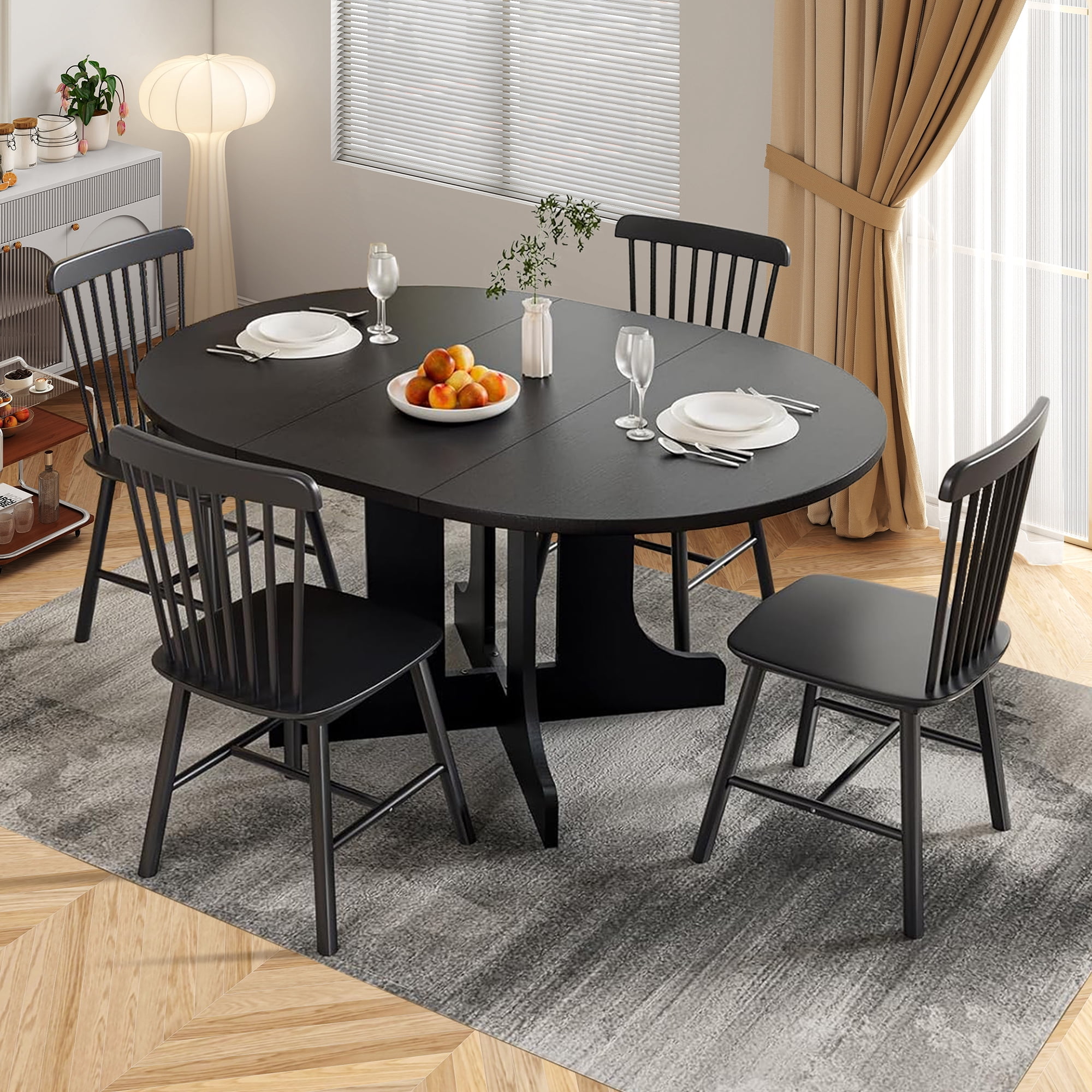 Aukfa Extendable Dining Room Table for 4-6,Oval Table Top with Removable Leaf for Kitchen Dining Living Room,Black