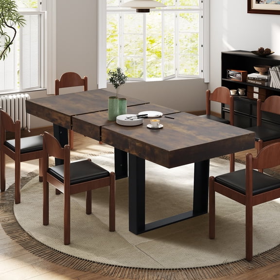 Aukfa Extendable Dining Room Table for 6-10, Farmhouse Large Rectangular Kitchen Table,Deep Rustic Brown