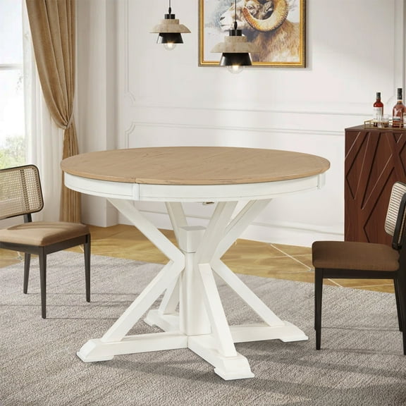Aukfa Extendable Dining Table for 6, 42"-54" Round Kitchen Table with Butterfly Leaf for Dining Room/Living Room, Antique White