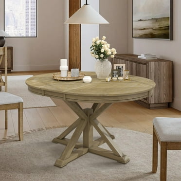 Aukfa Extendable Dining Table for 6, 42"-54" Round Kitchen Table with Butterfly Leaf for Dining Room/Living Room, Natural Wood