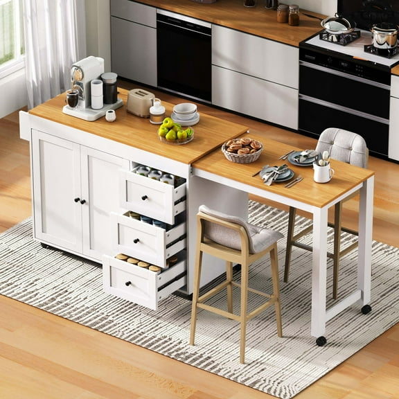 Aukfa Extendable Kitchen Island with Dining Table & Charging Station,Rolling Kitchen Cart,White