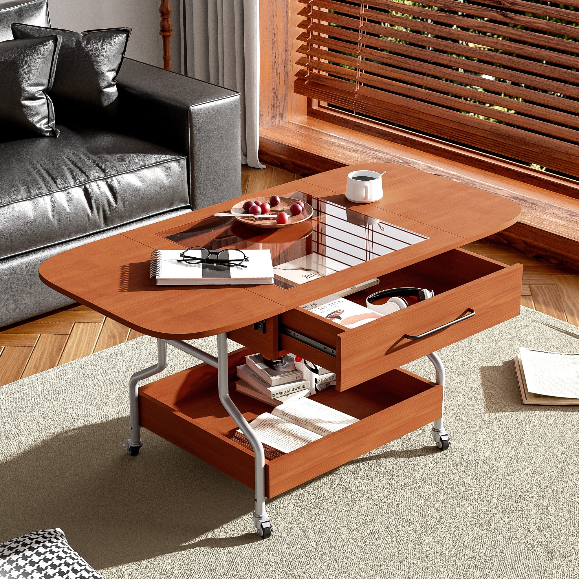 Aukfa Extended Coffee Table with Drawer and Wheels, 2-Tier Central Table Converts to Dining Table for Living Room