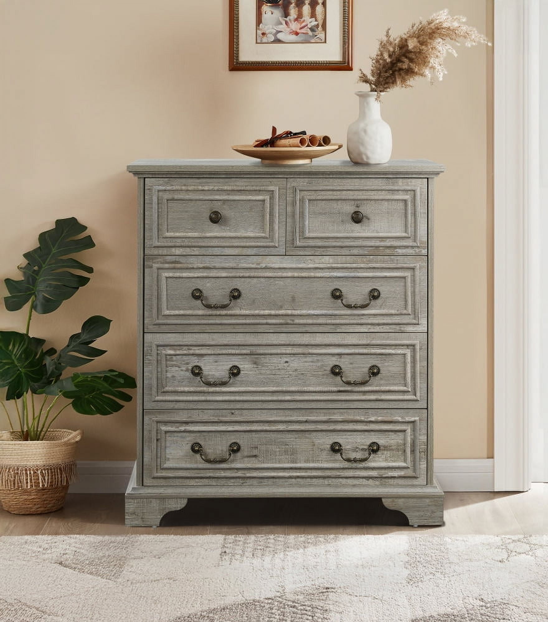 Aukfa Farmhouse 5 Drawers Dresser for Bedroom,Tall Dressers Chest of Drawers,Ancient Gray