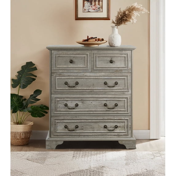 Aukfa Farmhouse 5 Drawers Dresser for Bedroom,Tall Dressers Chest of Drawers,Ancient Gray