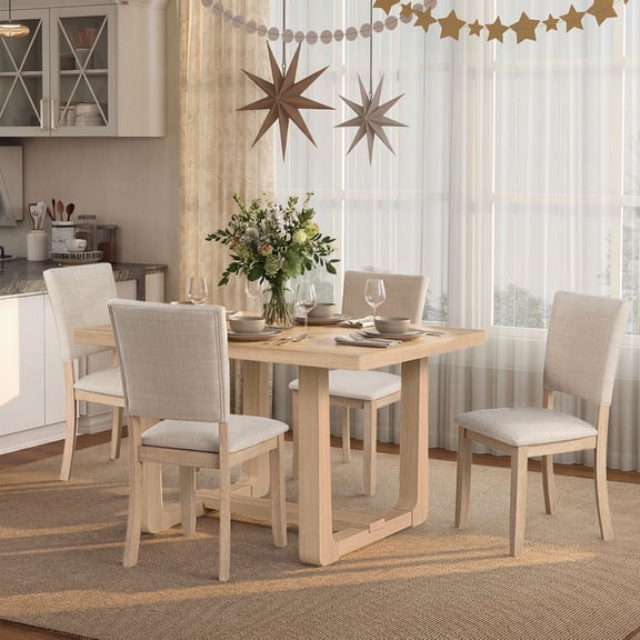 Aukfa Farmhouse 5-Piece Wood Upholstered Dining Set, Light Oak