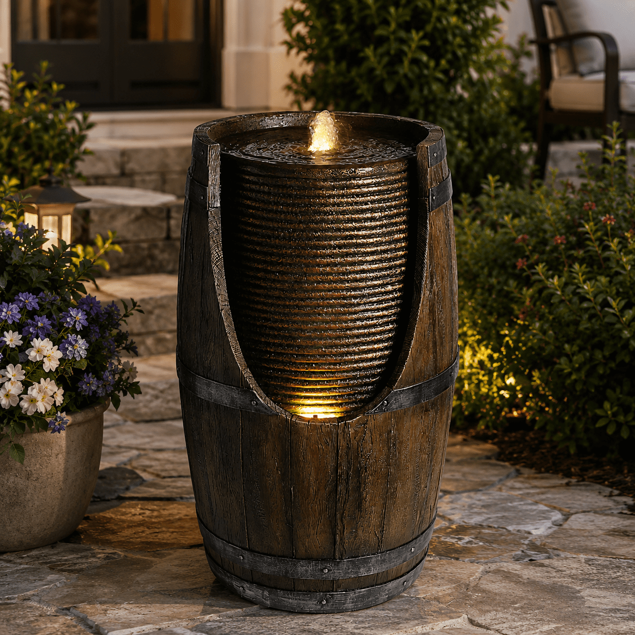 Aukfa Farmhouse Barrel Outdoor Water Fountain with LED Lights for Patio Garden Yard,Brown