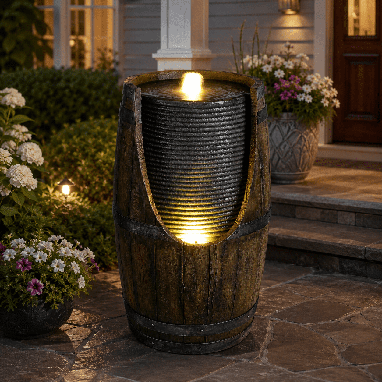 Aukfa Farmhouse Barrel Outdoor Water Fountain with LED Lights for Patio Garden Yard,Green