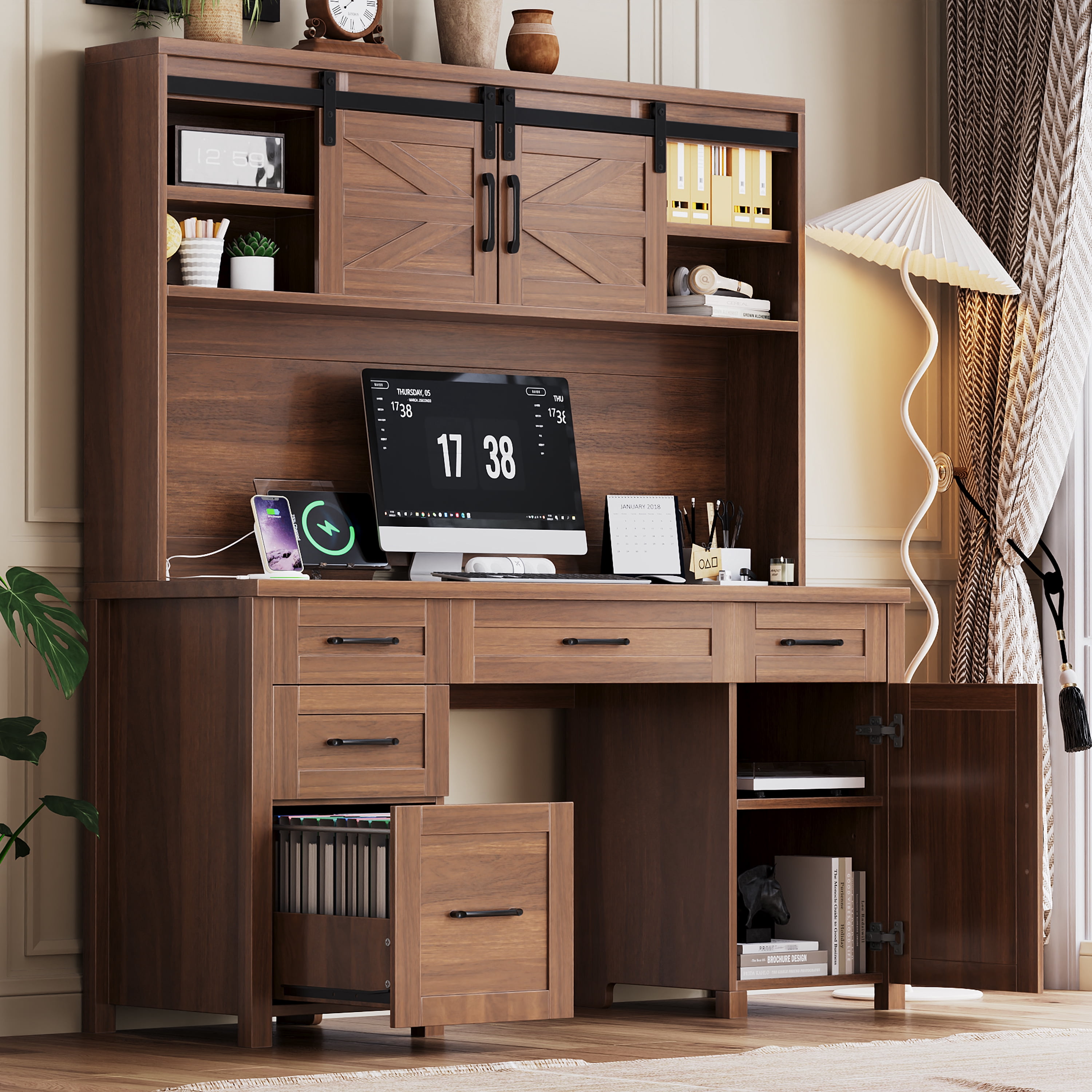 Aukfa Farmhouse Computer Desk with Hutch & Charging Station, Home Office Executive Desk, Sliding Barn Doors and 5 Drawers,Walnut