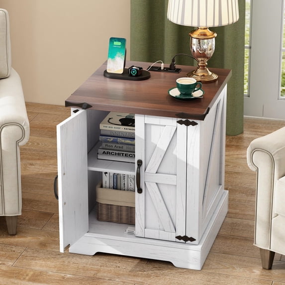 Aukfa Farmhouse End Table with Charging Statio,Rustic Barn Door Nightstand Side Table with Storage Cabinet,White