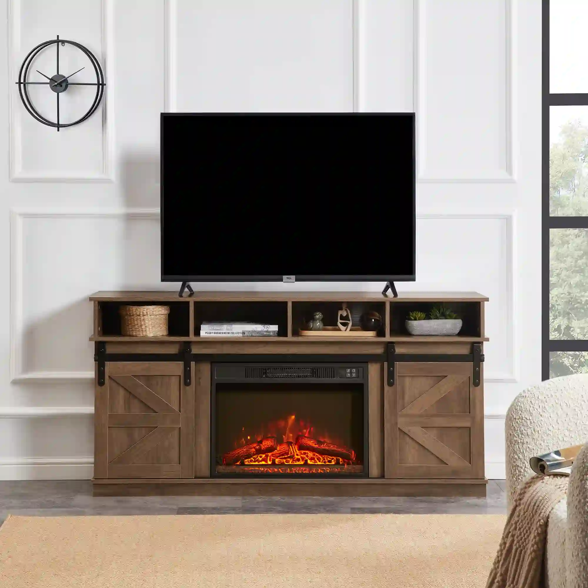 Aukfa Farmhouse Sliding Barn Door TV Stand for TVs Up to 65",Storage Cabinet Table,Brown