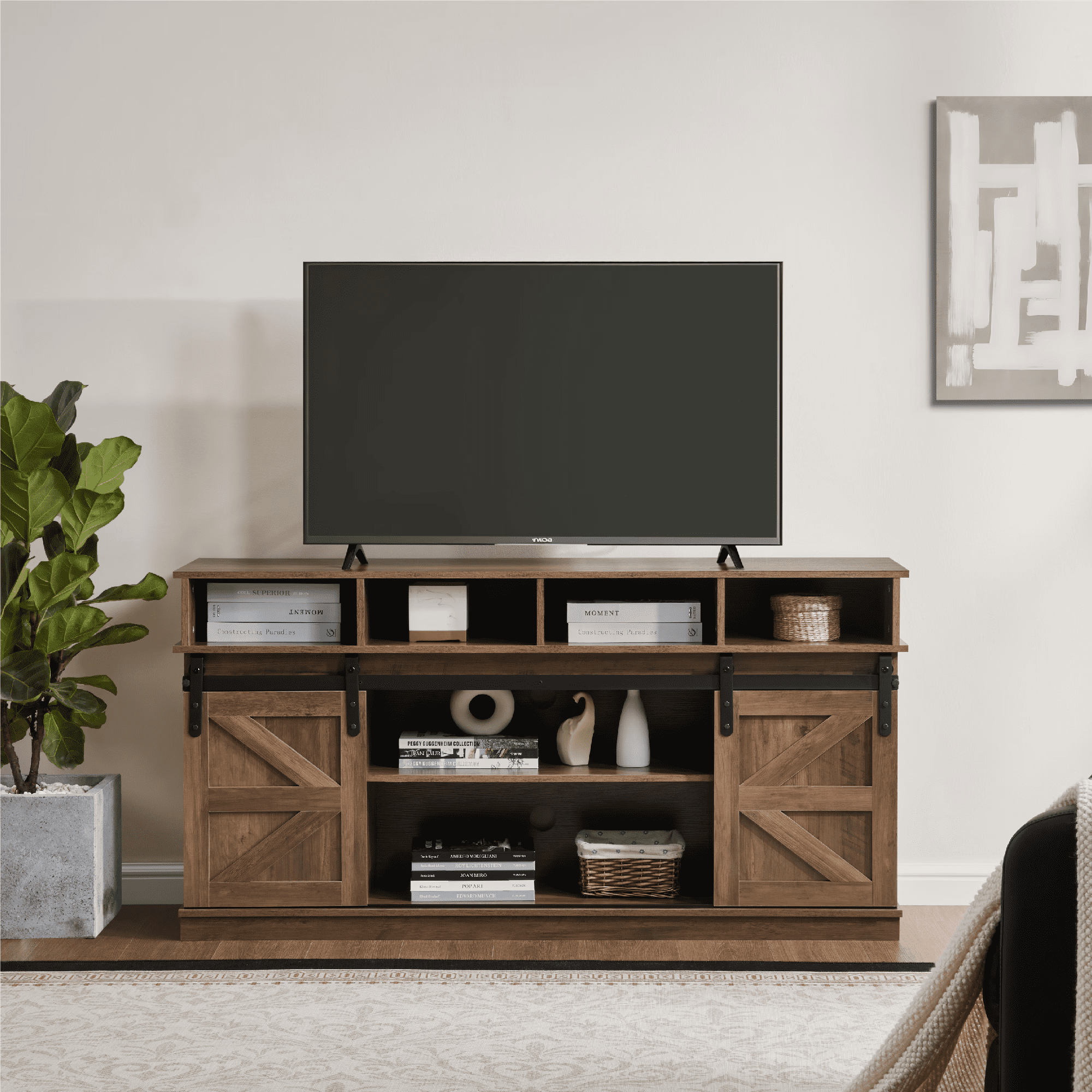 Aukfa Farmhouse Sliding Barn Door TV Stand for TVs Up to 65",Storage Cabinet Table,Brown