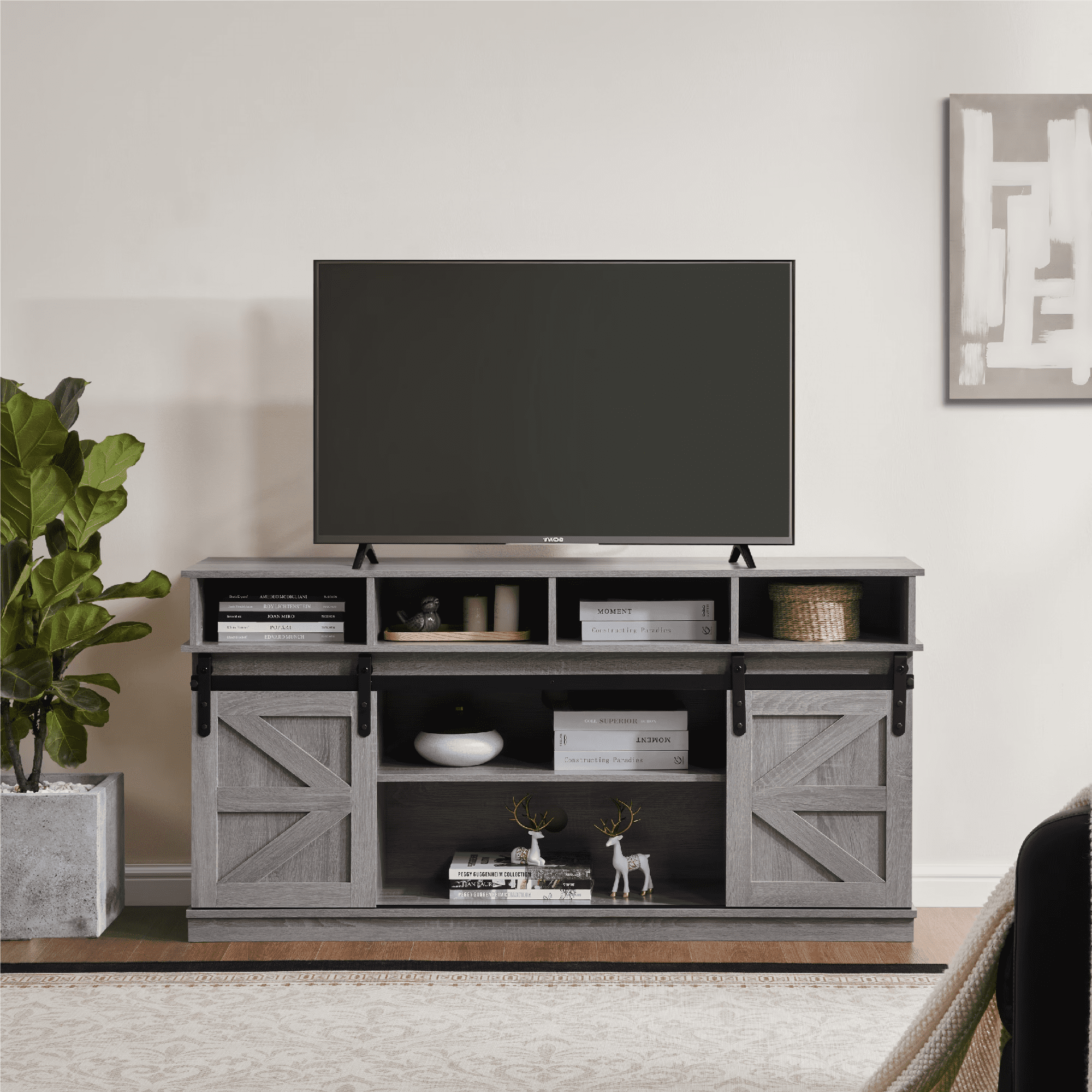 Aukfa Farmhouse Sliding Barn Door TV Stand for TVs Up to 65",Storage Cabinet Table,Gray