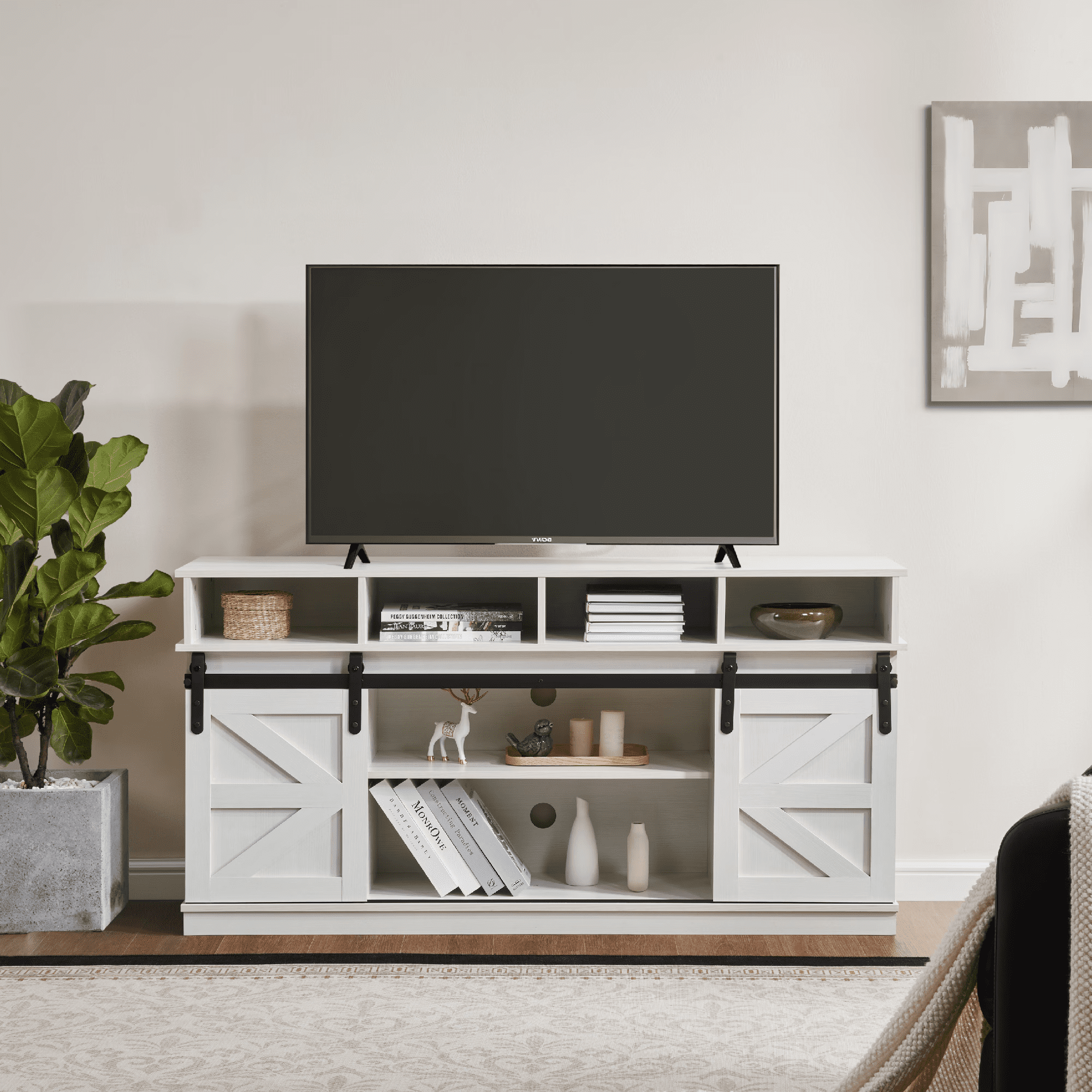Aukfa Farmhouse Sliding Barn Door TV Stand for TVs Up to 65",Storage Cabinet Table,White