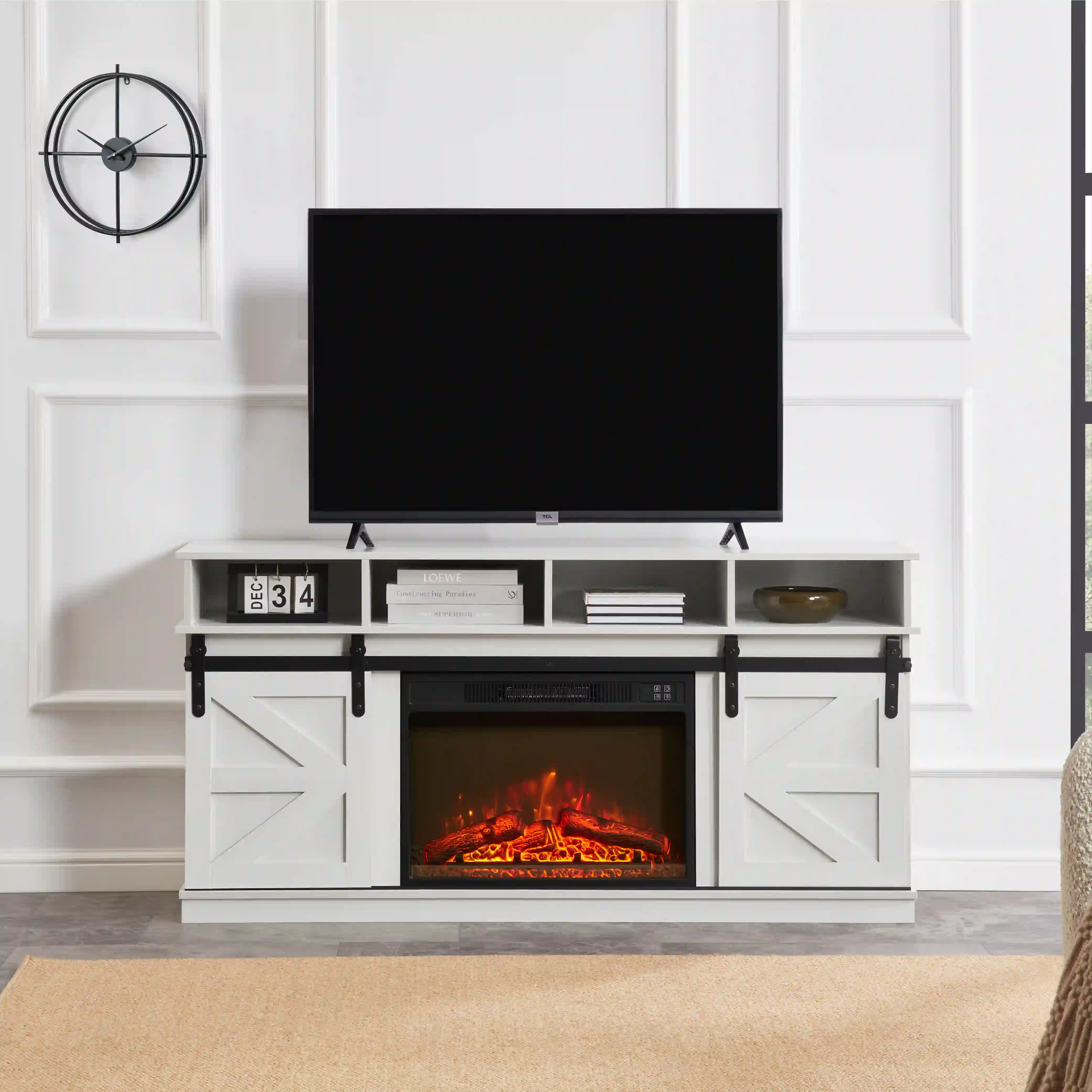 Aukfa Farmhouse Sliding Barn Door TV Stand for TVs Up to 65",Storage Cabinet Table,White