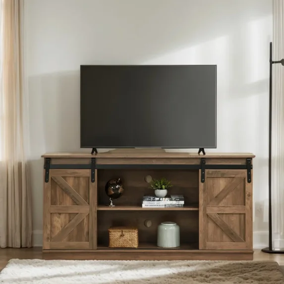 Aukfa Farmhouse Sliding Barn Door TV Stand for TVs up to 65",Tall Entertainment Center with Storage Cabinets,Brown