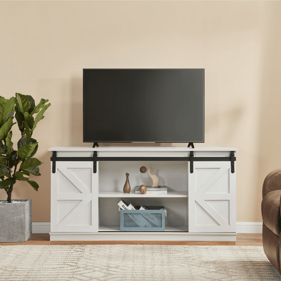 Aukfa Farmhouse Sliding Barn Door TV Stand for TVs up to 65",Tall Entertainment Center with Storage Cabinets,White