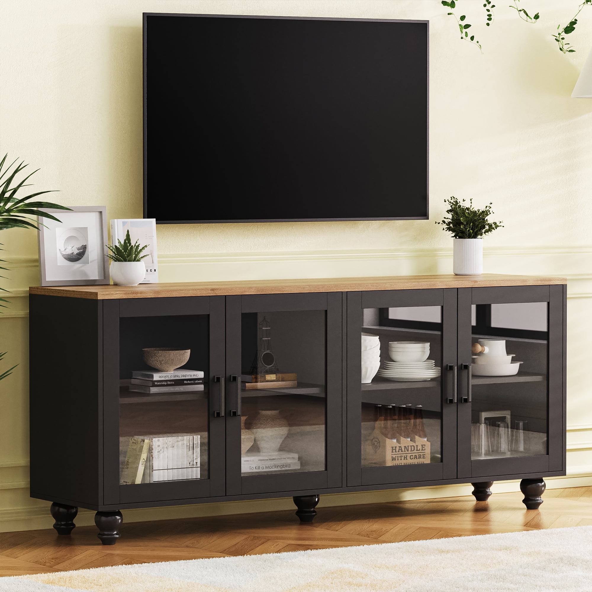 Aukfa Farmhouse TV Stand for TVs Up to 70",Sideboard Storage Buffet Cabinet, Glass Doors & Adjustable Shelves, Black