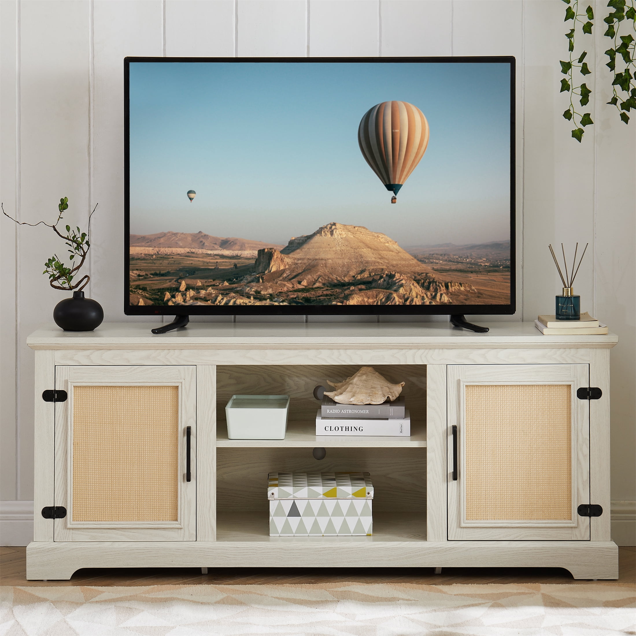 Aukfa Farmhouse TV Stand for TVs up to 70", 2 Natural Rattan Door Cabinets, Oak