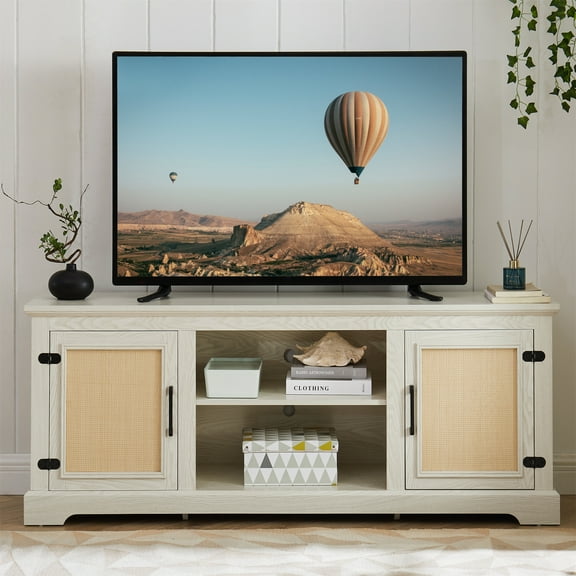 Aukfa Farmhouse TV Stand for TVs up to 70", 2 Natural Rattan Door Cabinets, Oak