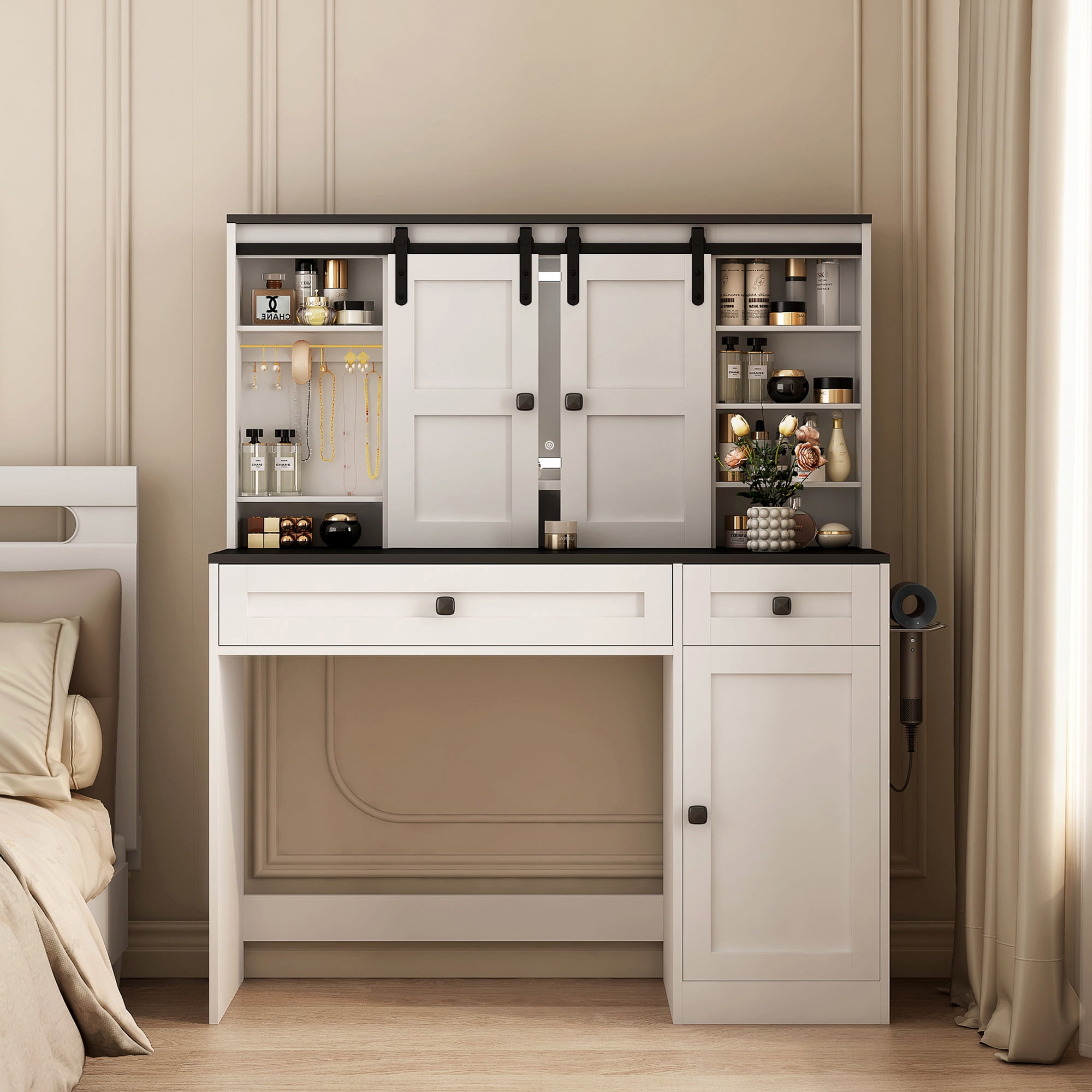Aukfa Farmhouse Vanity Desk w/Mirror & Light, Large Dressing Table Set for Bedroom,White