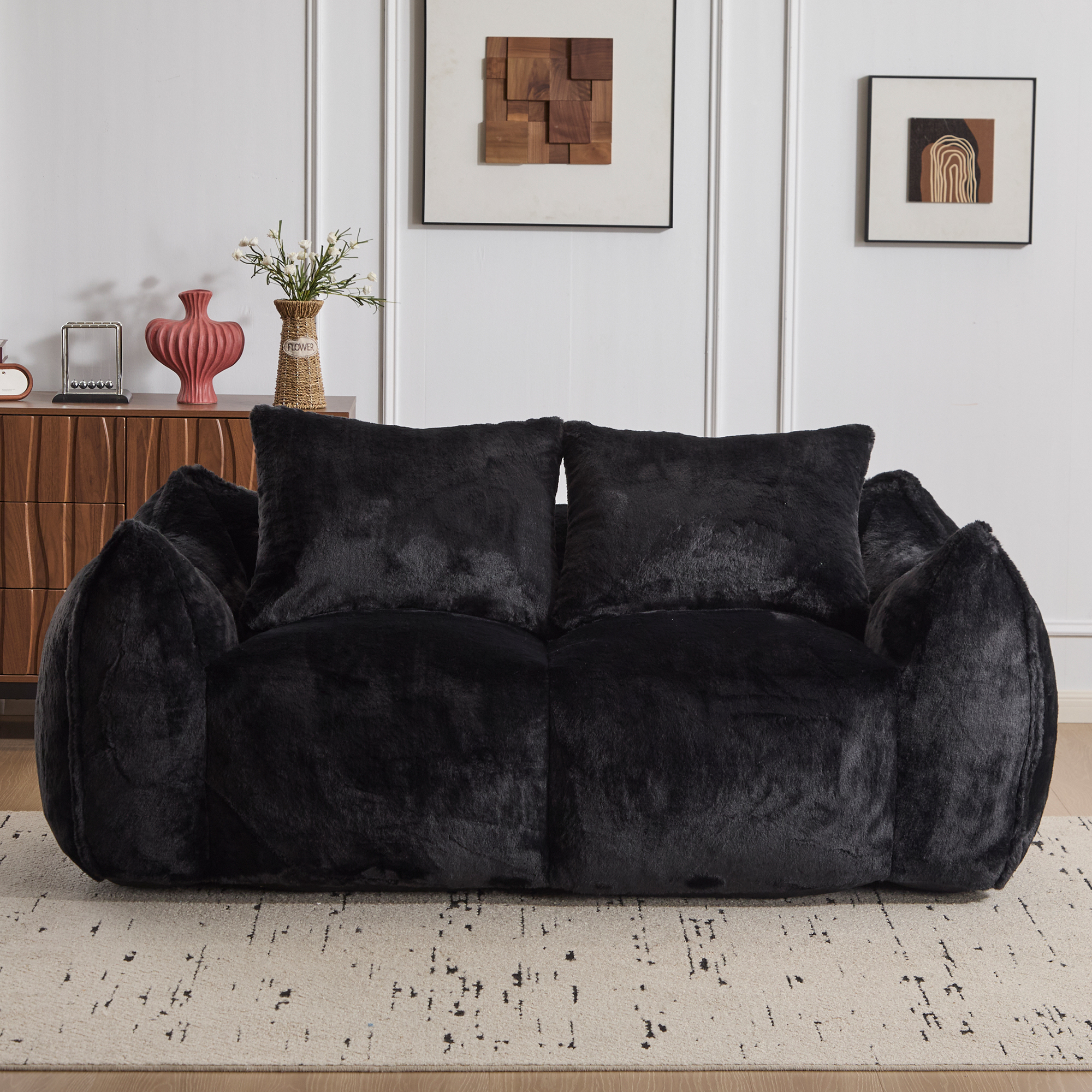 Aukfa Faux Fur Loveseat, 25" Deep Seat Giant Bean Bag Sofa for Living Room, Black
