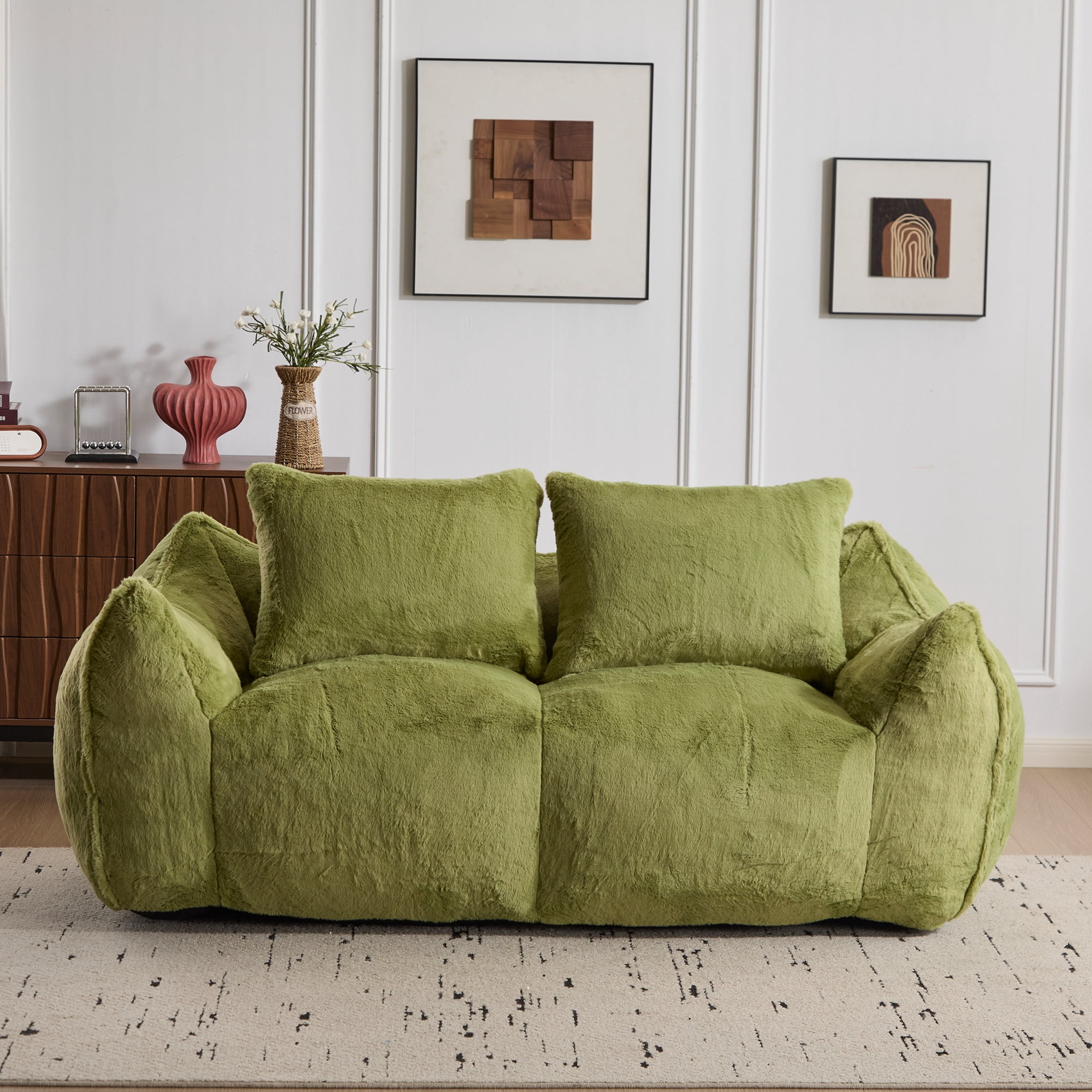Aukfa Faux Fur Loveseat, 25" Deep Seat Giant Bean Bag Sofa for Living Room, Green
