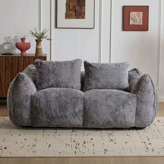 Aukfa Faux Fur Loveseat, 25" Deep Seat Giant Bean Bag Sofa for Living Room, White
