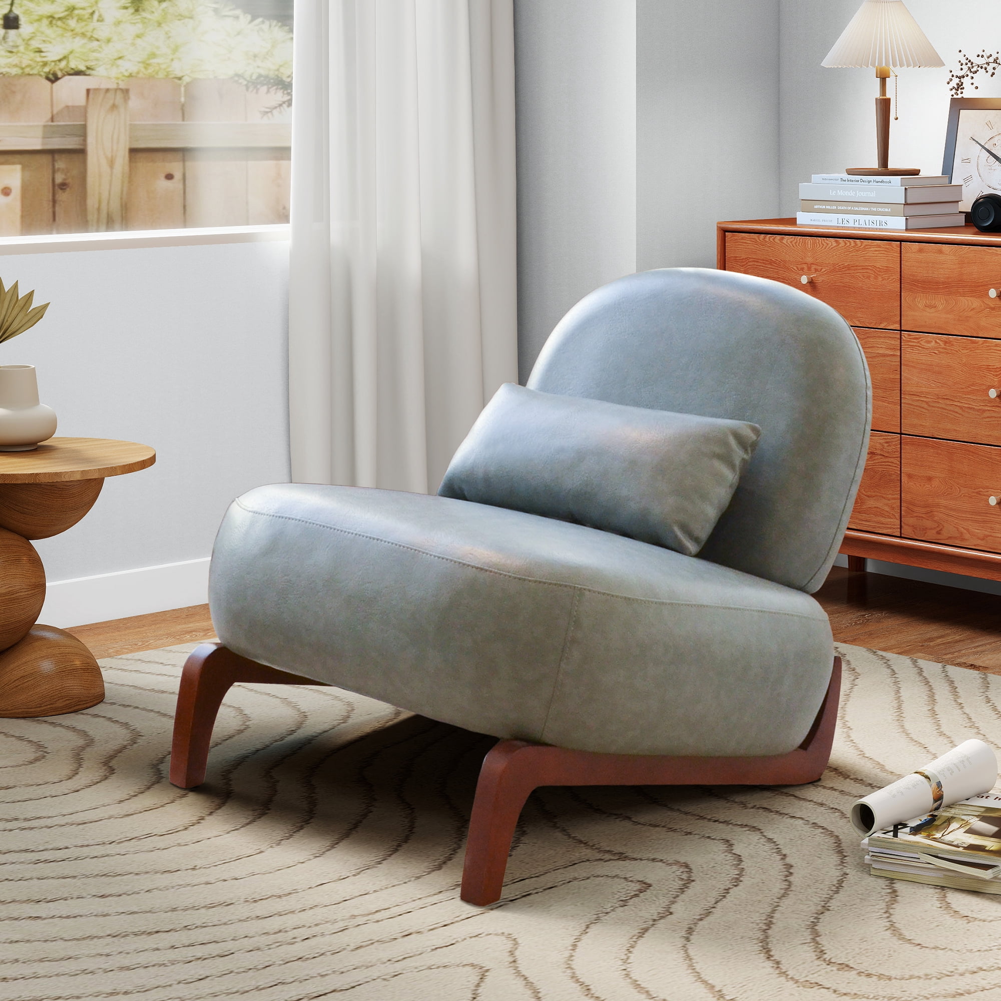 Aukfa Faux Leather Accent Chair with Solid Wood Legs, Armless Living Room Chair with Soft Cushion, Modern Reading Chair for Living Room & Bedroom,Blue