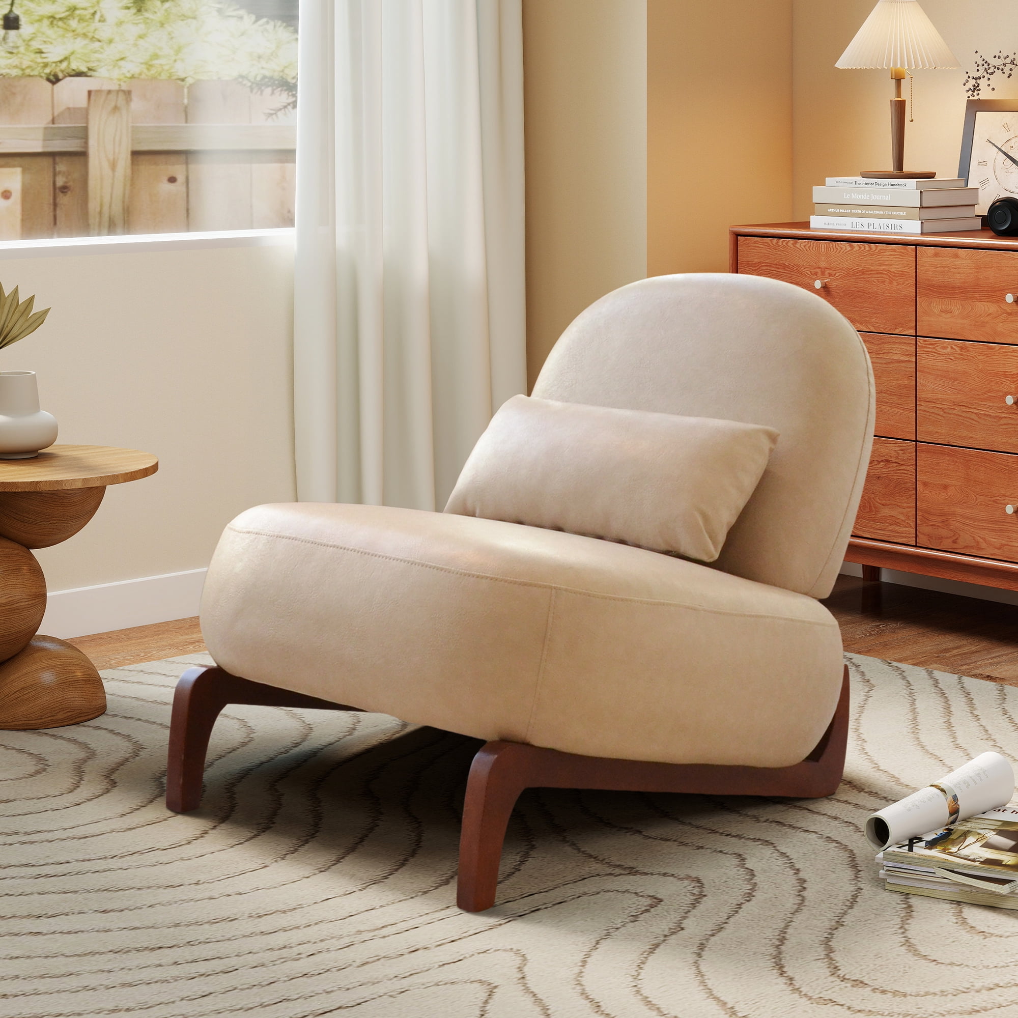 Aukfa Faux Leather Accent Chair with Solid Wood Legs, Armless Living Room Chair with Soft Cushion, Modern Reading Chair for Living Room & Bedroom,Cream