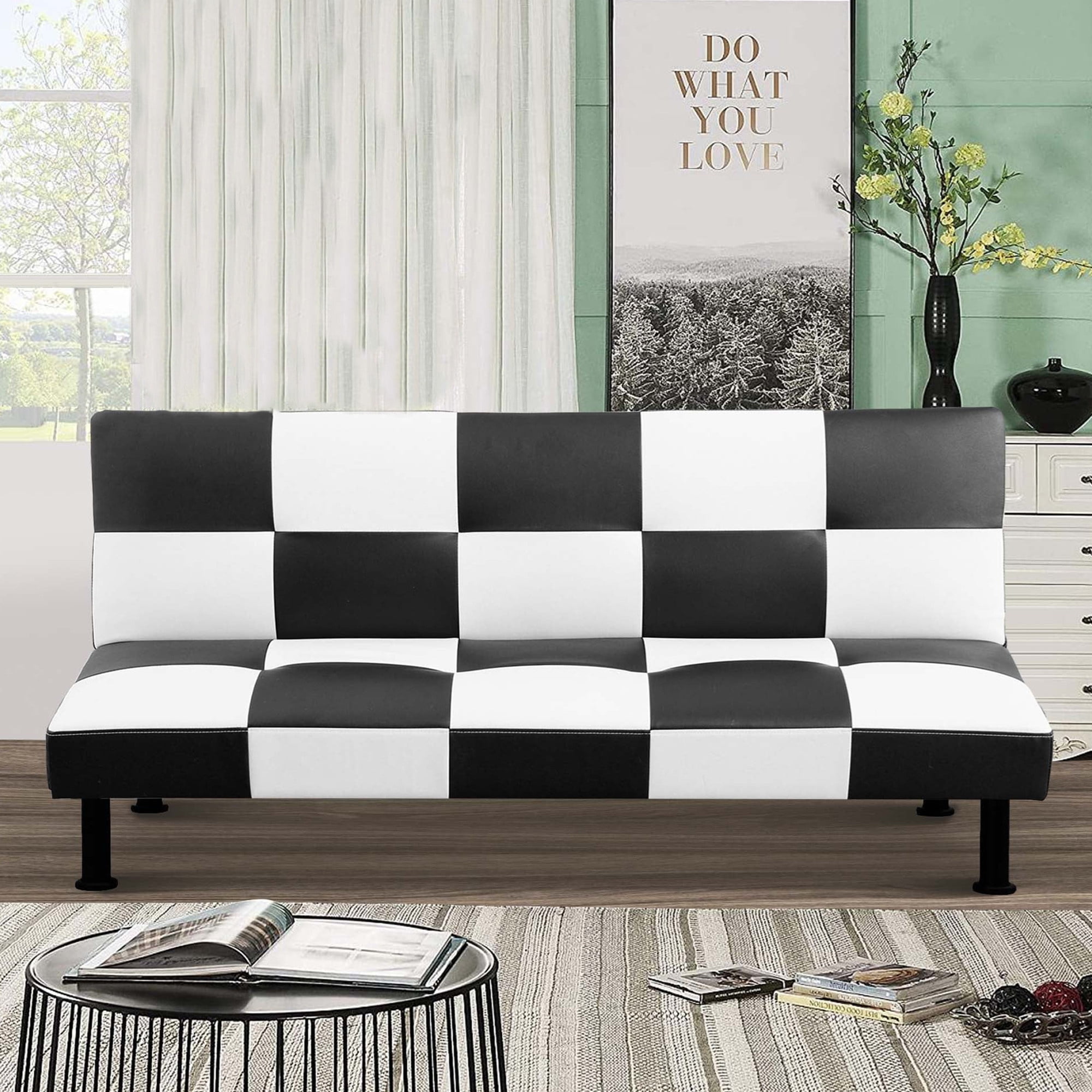 Aukfa Faux Leather Futon Convertible Sofa Bed for Home Office Twin Size, Black&White
