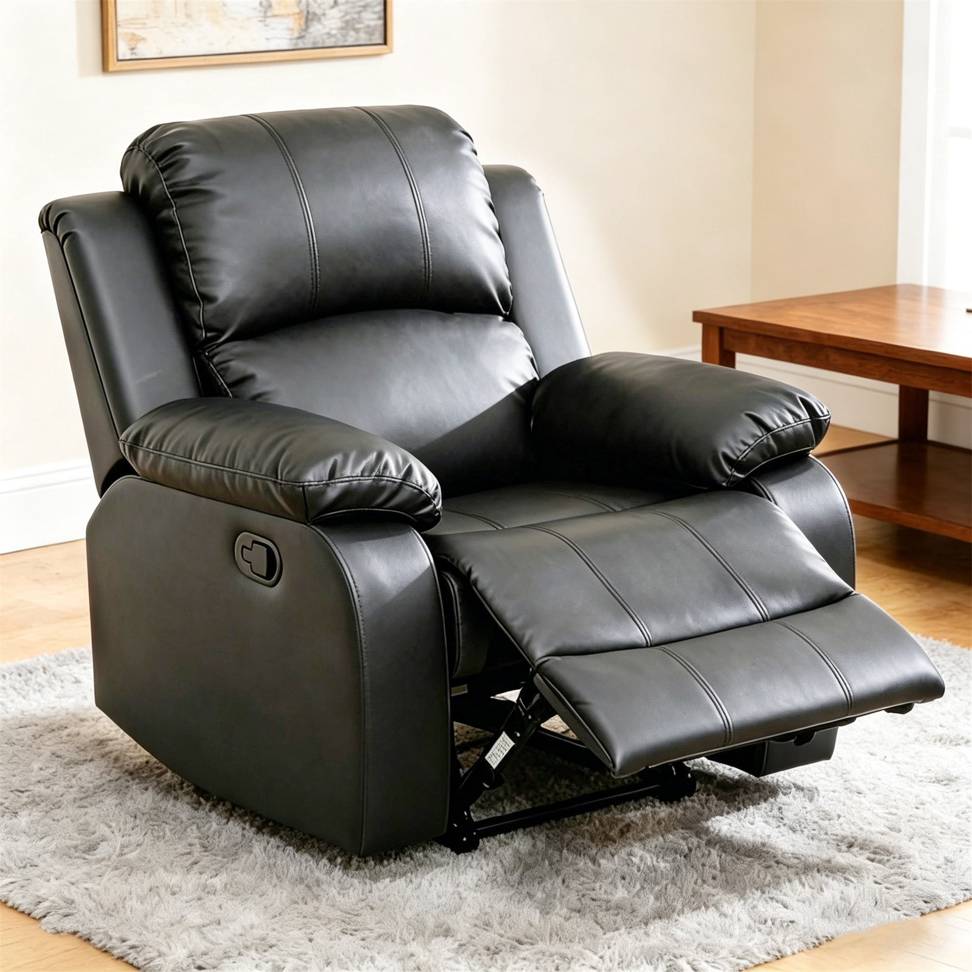 Aukfa Faux Leather Manual Recliner Chair Single Sofa Armchair for Living Room, Bedroom, Black