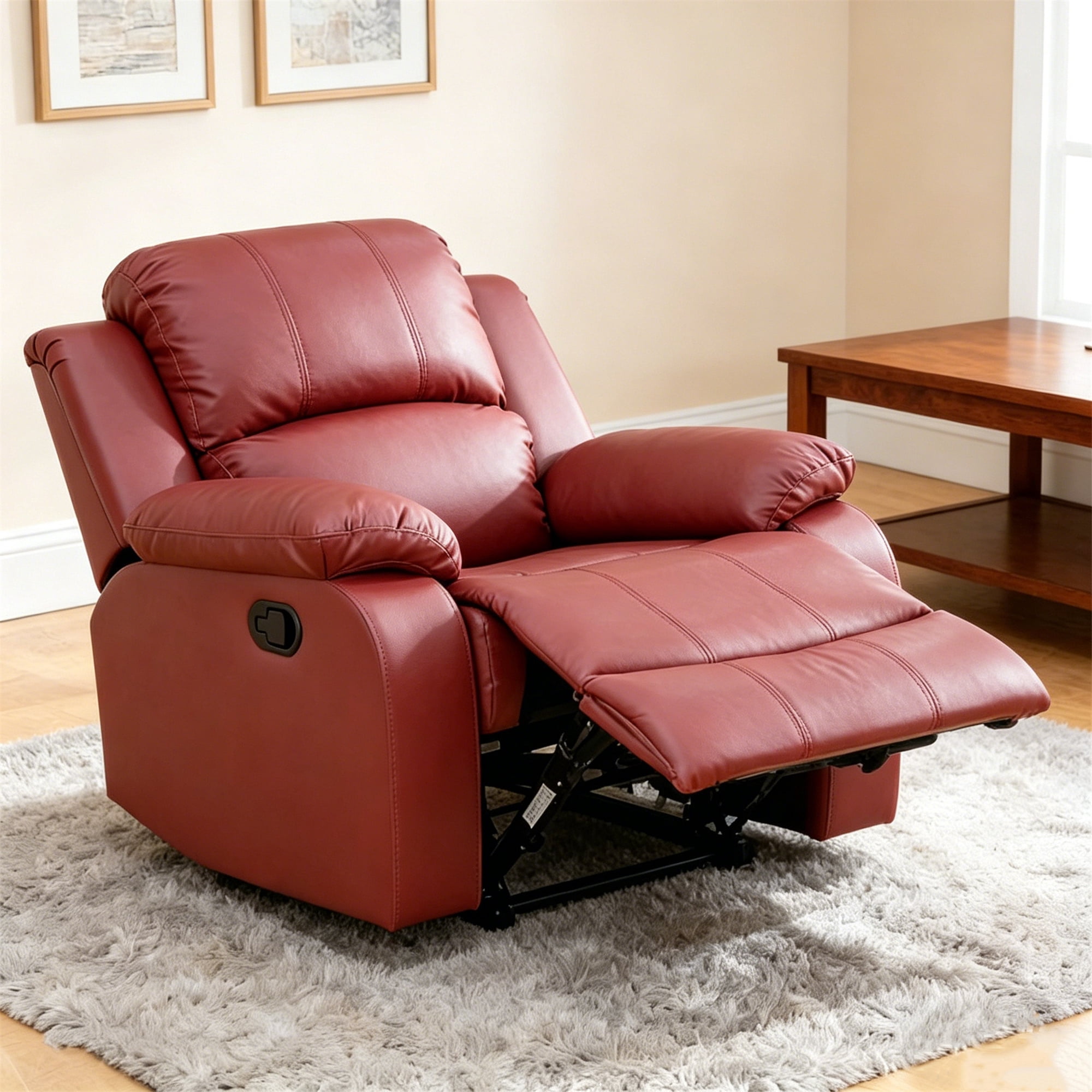 Aukfa Faux Leather Manual Recliner Chair Single Sofa Armchair for Living Room, Bedroom, Red
