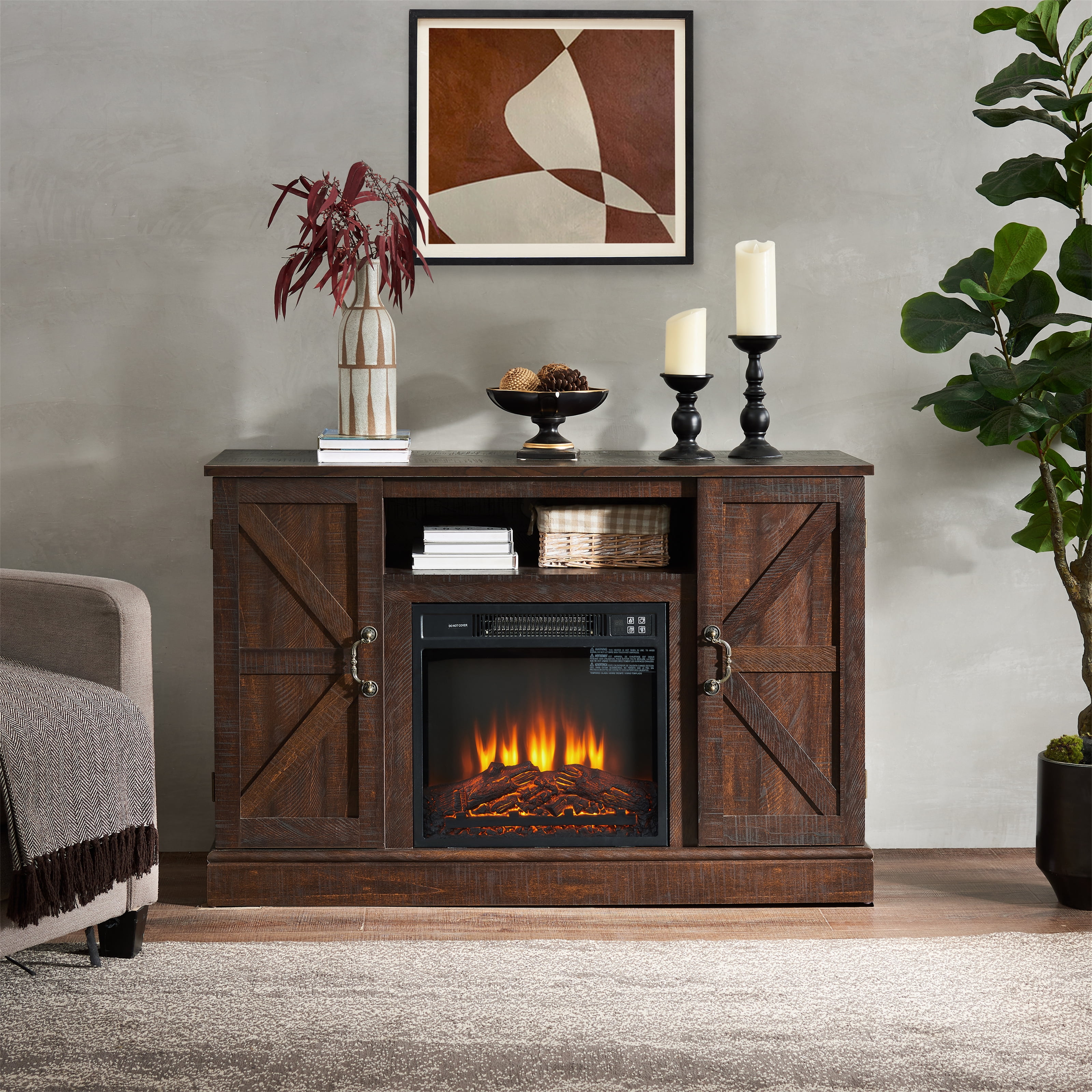 Aukfa Fireplace TV Stand for TV up to 50", Farmhouse Entertainment TV Console Cabinet, Espresso
