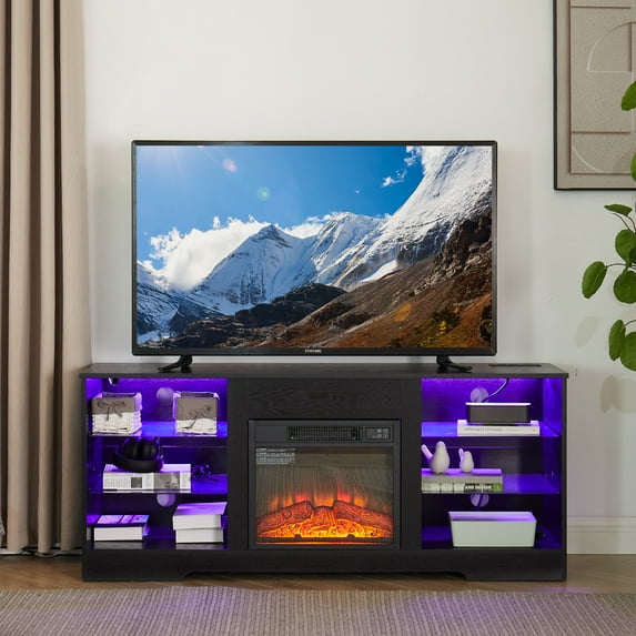 Aukfa Fireplace TV Stand for TVs up to 65" with LED & USB Charging Outlet for Living Room, Black