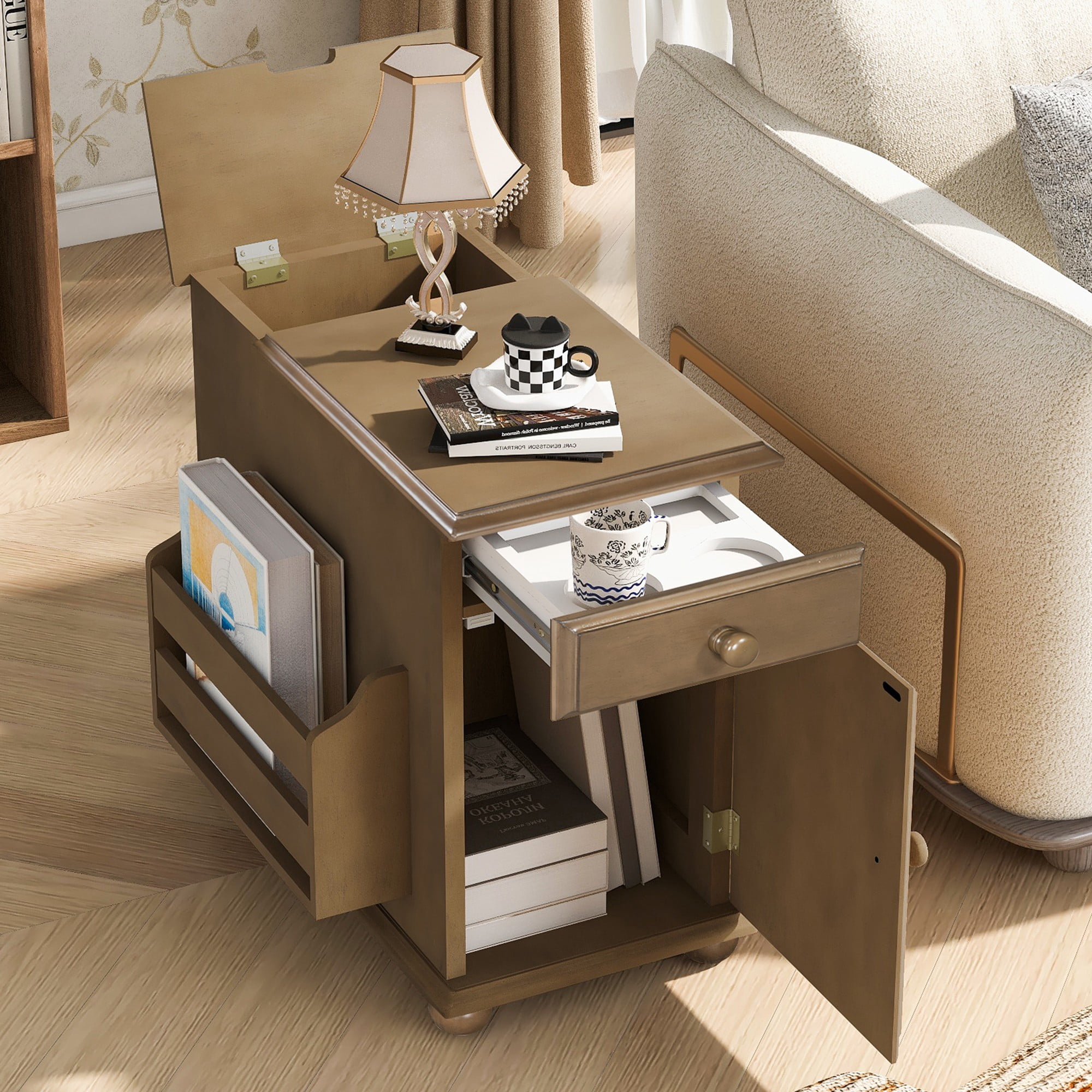 Aukfa Flip Top End Table with USB Ports, Power Outlets, Drawer, and Cup Holders - Compact Side Table with Bookshelf for Living Room, Bedroom, or Small Spaces - Antique Brown