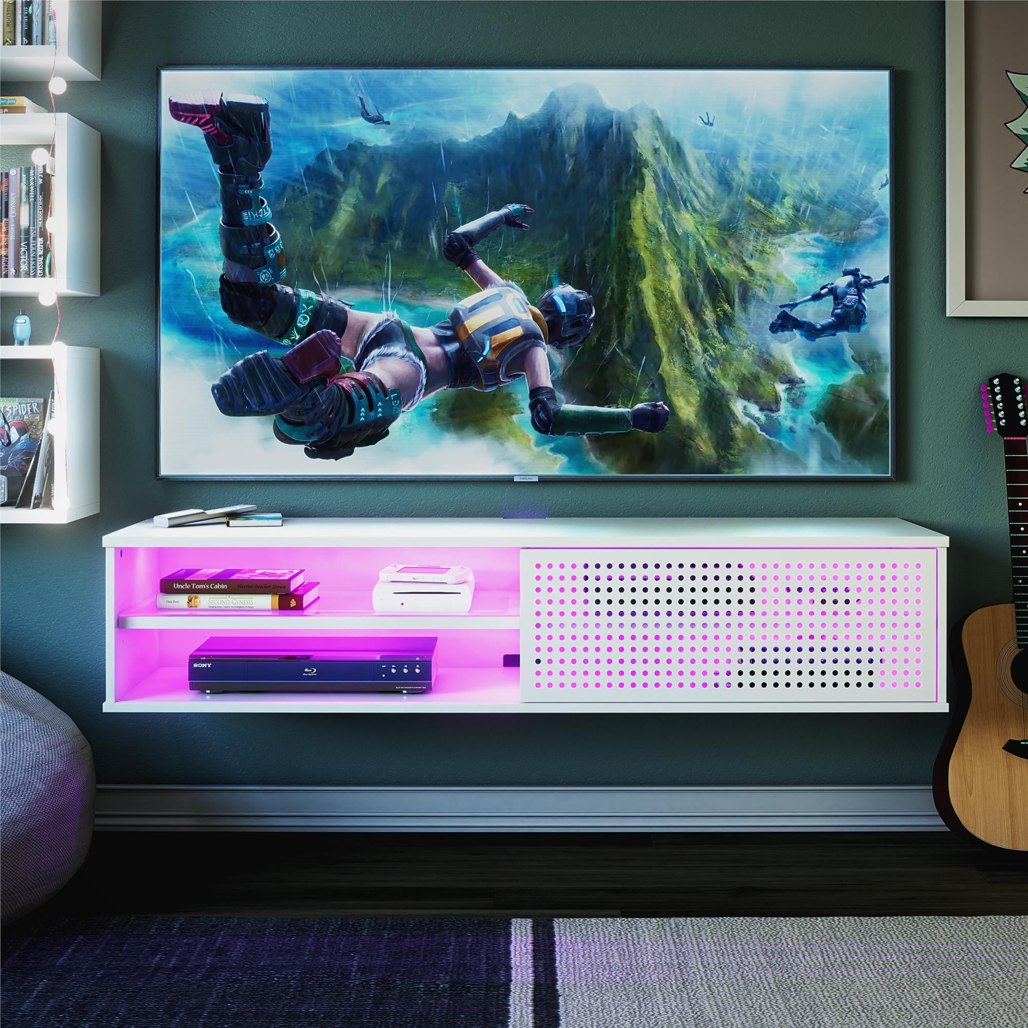 Aukfa Floating Gaming TV Stand for TVs up to 60", Wall Mounted Entertainment Center with LED,White