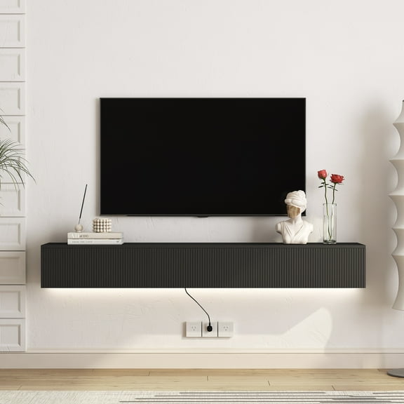 Aukfa Floating TV Stand Wall Mounted for TVs up to 70" w/ LED APP Control & Power Outlet,Black