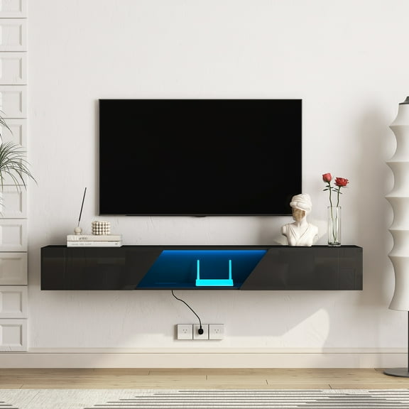 Aukfa Floating TV Stand Wall Mounted for TVs up to 75" with LED Light APP Control & Power Outlet,Black