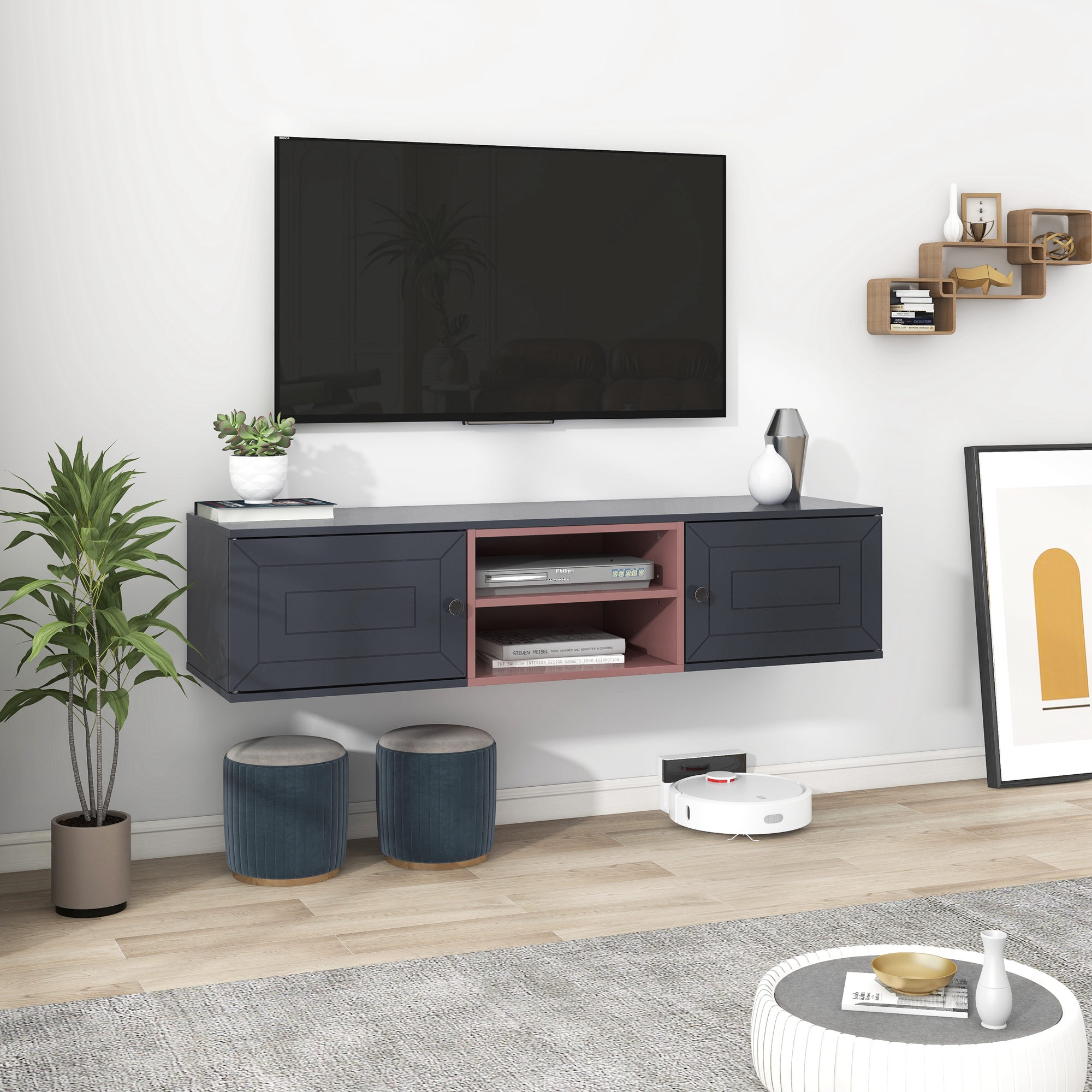 Aukfa Floating TV Stand for TVs up to 60" - Wall Mounted TV Shelf with Cabinets - Black