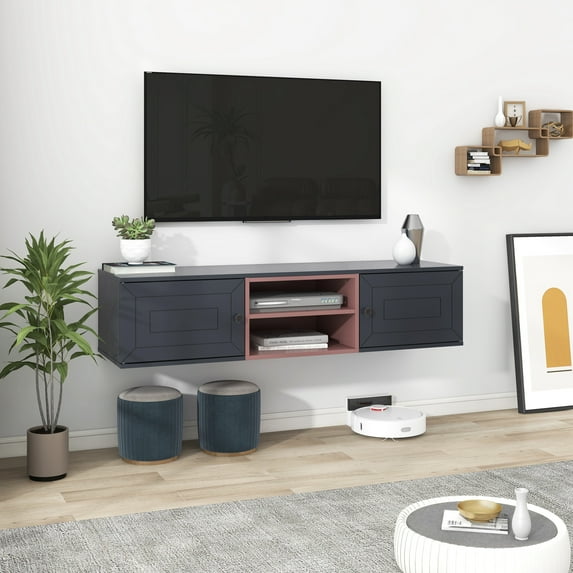 Aukfa Floating TV Stand for TVs up to 60" - Wall Mounted TV Shelf with Cabinets - Black